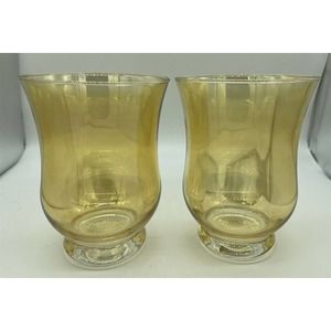 Set Of 2 Polish Hand Painted Hurricane Style Candle Holders Iridescent Amber